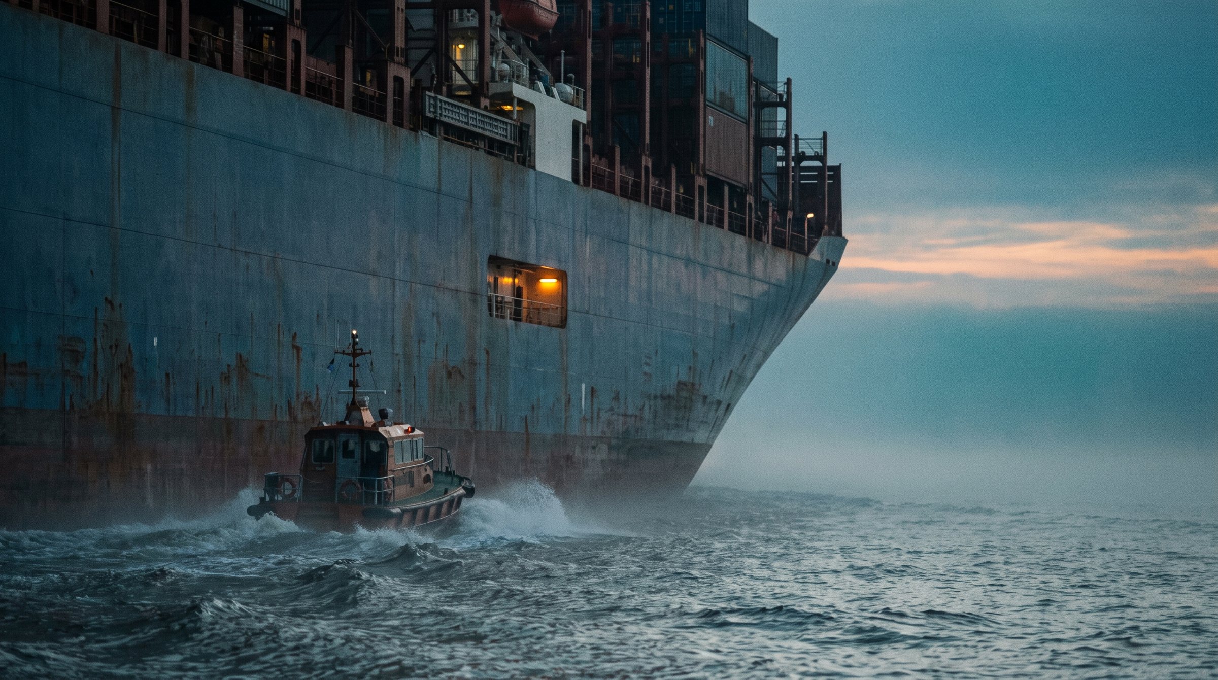 Ein Lotsenboot geht bei Morgengrauen längsseits eines Frachtschiffs