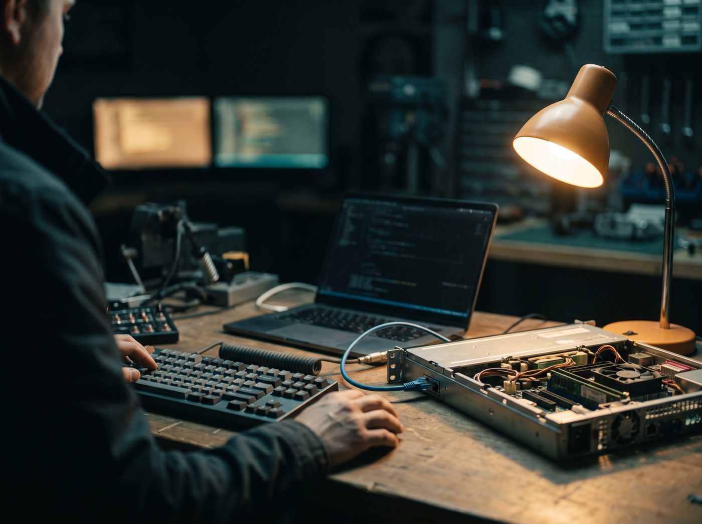 Werkbank mit geöffnetem Server und Tastatur
