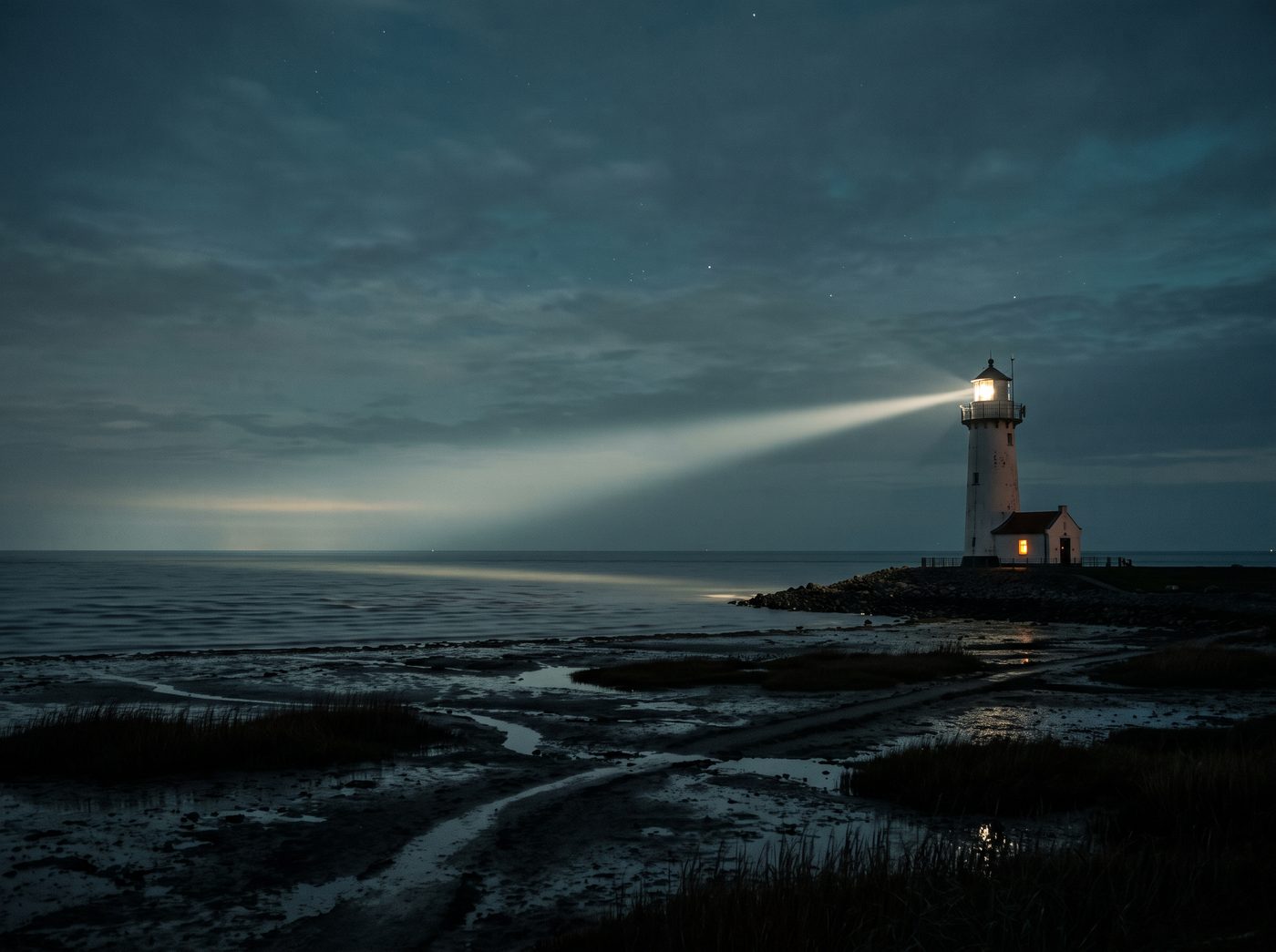 Leuchtturm an der Nordseeküste bei Nacht