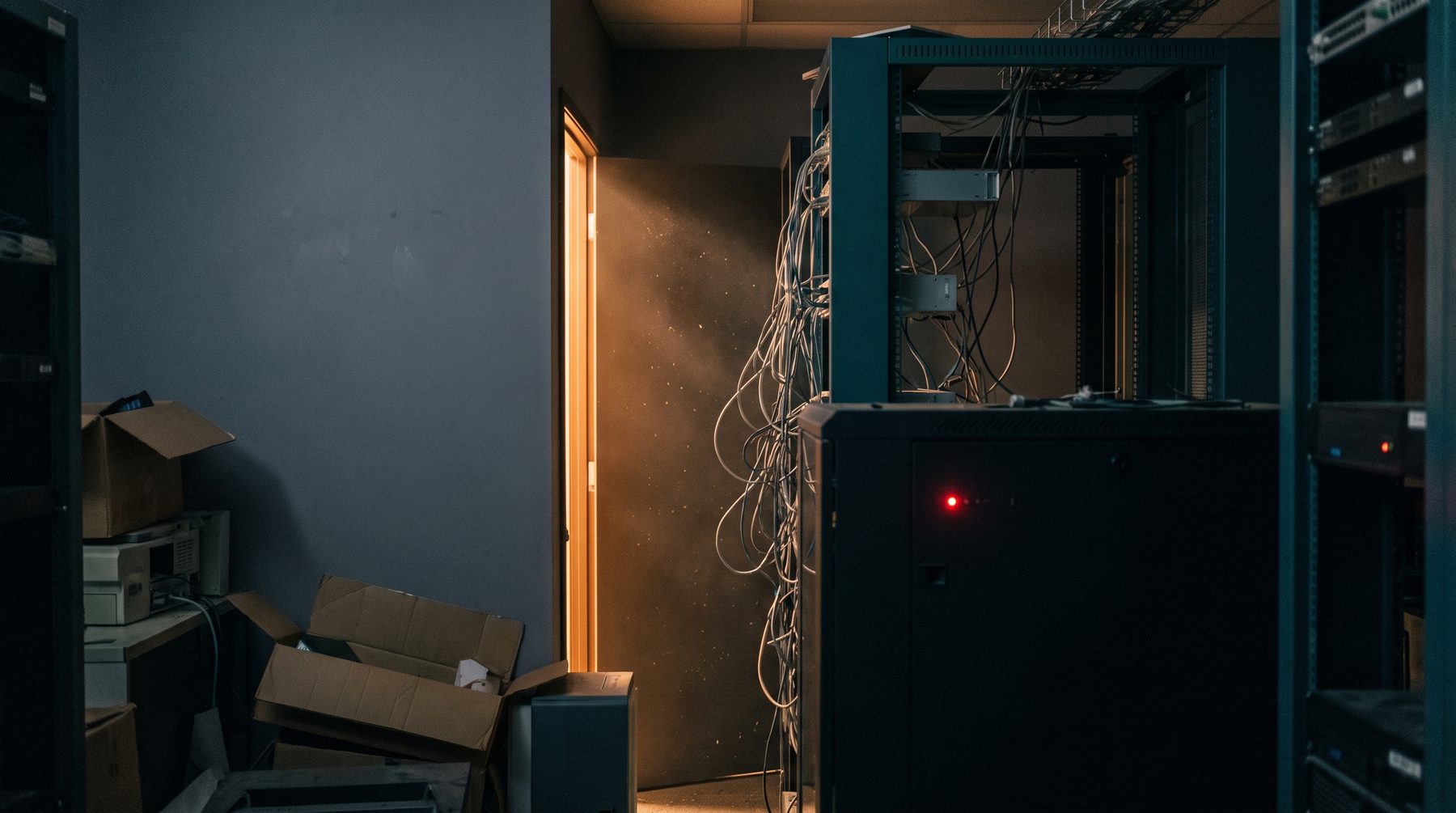 Serverraum mit ausgeschaltetem Licht, ein Rack blinkt noch