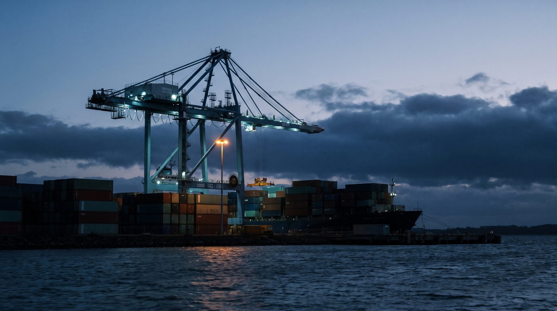 Container werden nachts auf ein Schiff verladen